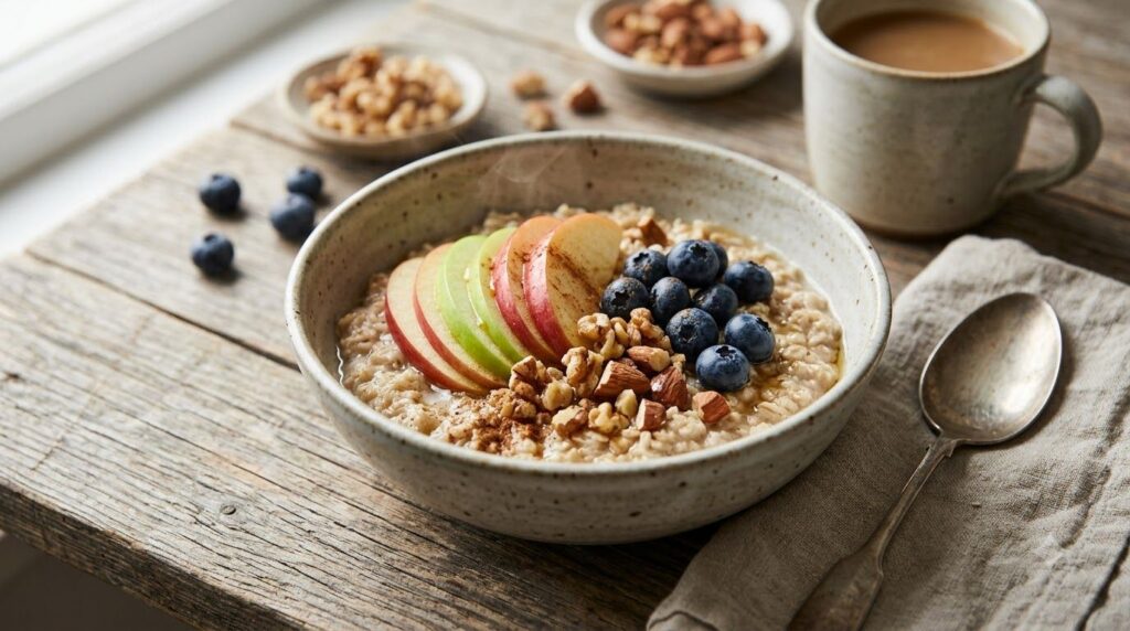 A bowl of oatmeal topped with sliced apples and berries representing soluble fiber sources