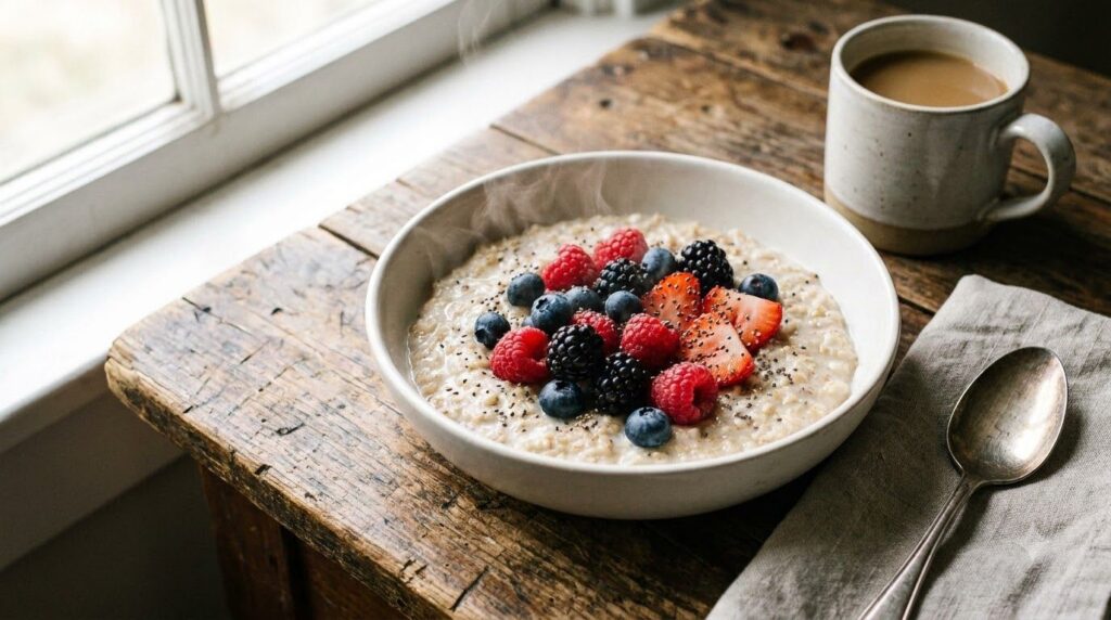 A bowl of oatmeal topped with berries and chia seeds representing soluble fiber sources