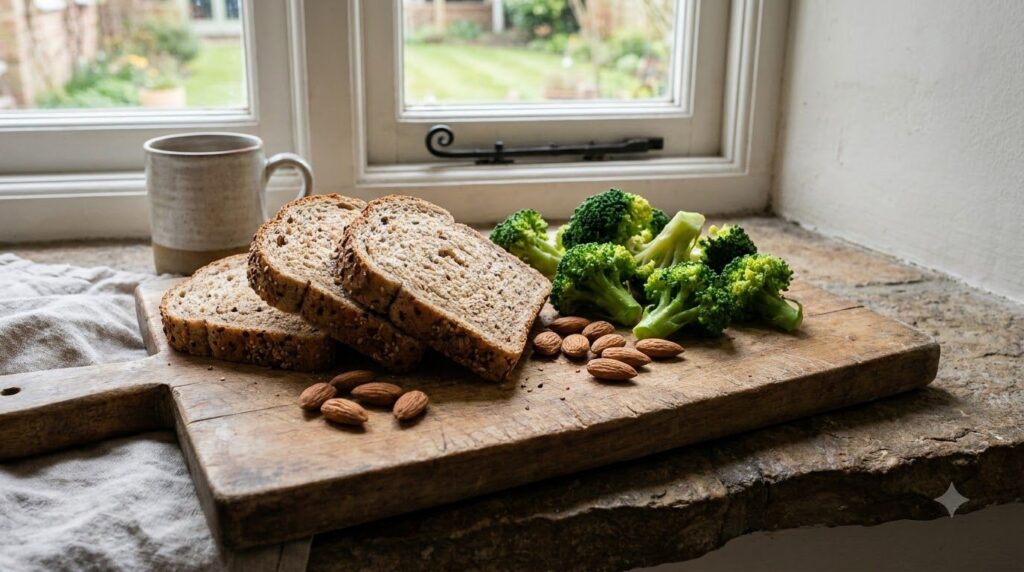 A colorful plate featuring whole-wheat bread broccoli florets and a handful of almonds highlighting insoluble fiber sour