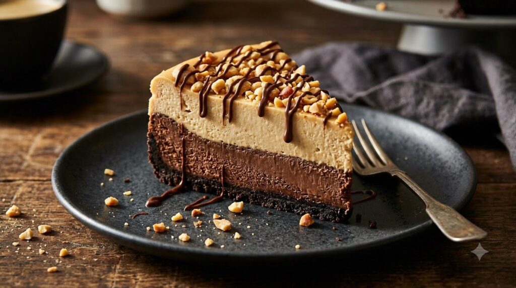 A slice of chocolate peanut butter cheesecake with distinct layers of chocolate and peanut butter filling topped with ch