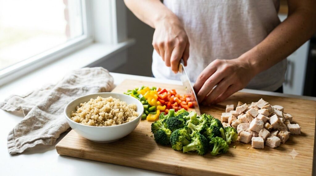 A person preparing a high-protein meal showing hands chopping vegetables next to cooked chicken and quinoa