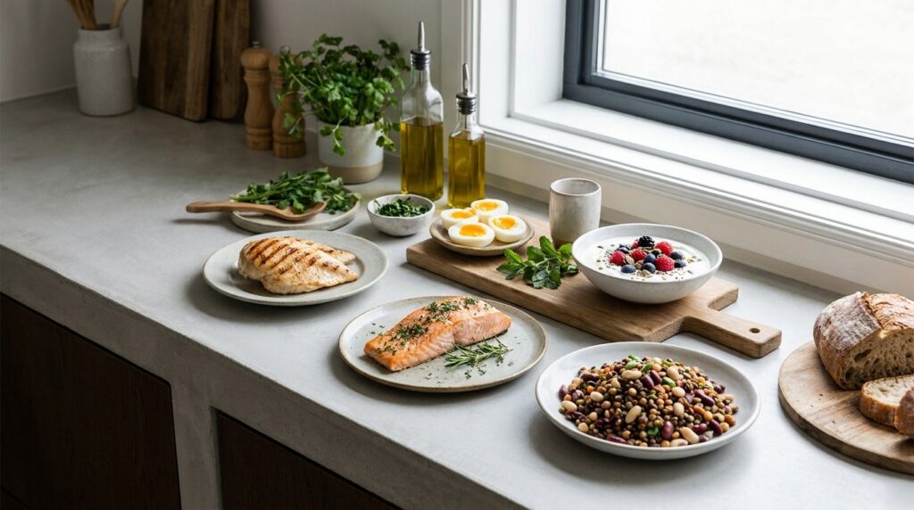A variety of high-protein foods artfully arranged on a kitchen counter showcasing both animal and plant-based options