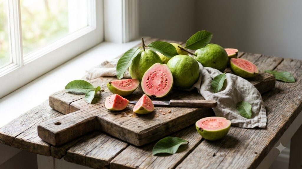 Fresh guavas some whole and some sliced on a wooden board with green leaves
