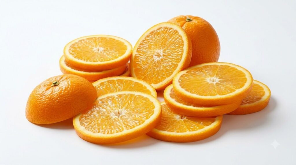 Whole and sliced oranges arranged artistically on a white background