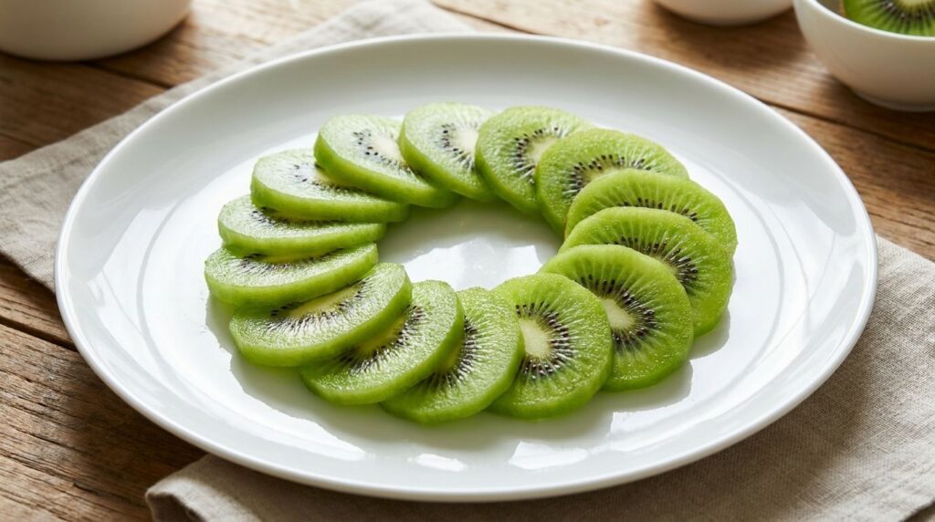 Sliced kiwis arranged on a plate with their vibrant green flesh and tiny black seeds