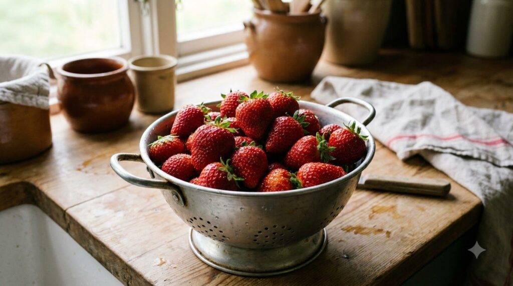 A pile of fresh ripe strawberries in a colander glistening with water droplets