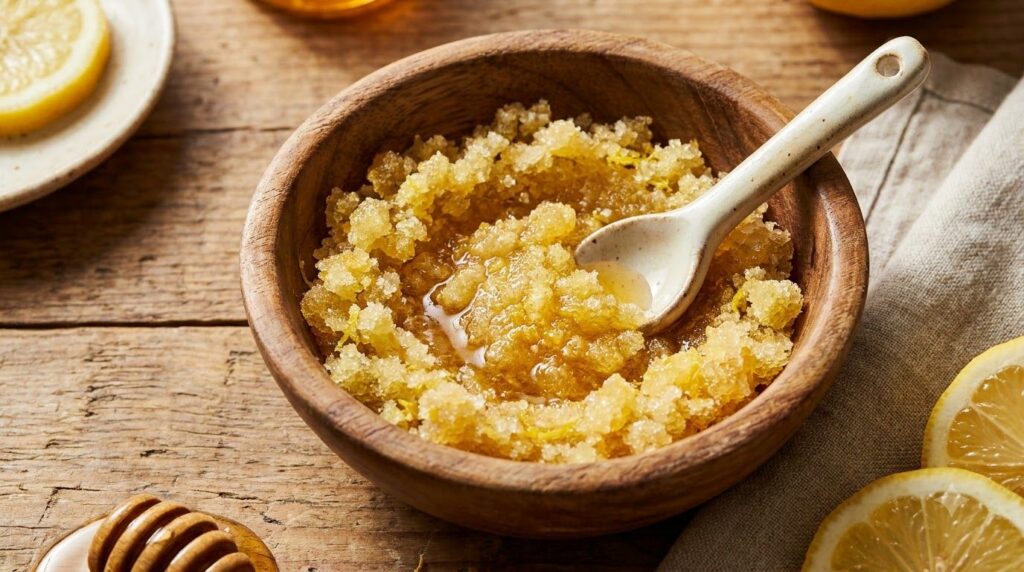 Close-up of a bowl containing the mixed natural elbow scrub ingredients lemon sugar and honey with a small spoon