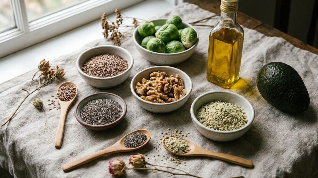 Close-up of various seeds and nuts like flaxseeds chia seeds and walnuts highlighting plant-based omega-3 sources