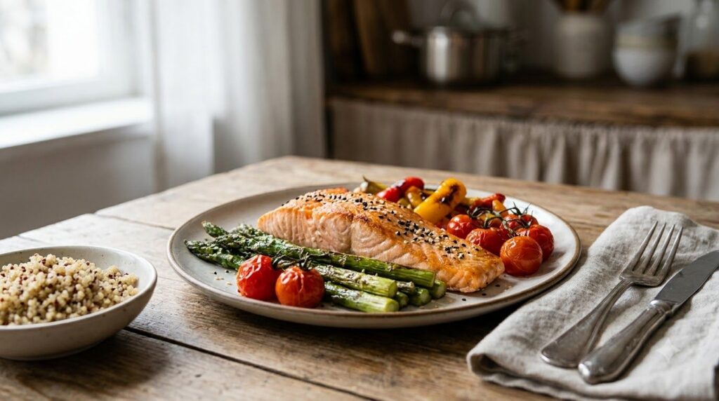 Delicious meal featuring salmon roasted vegetables and a sprinkle of seeds illustrating a healthy omega-3 rich dinner