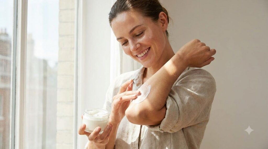 A woman applying moisturizer to her freshly scrubbed elbow looking soft and radiant