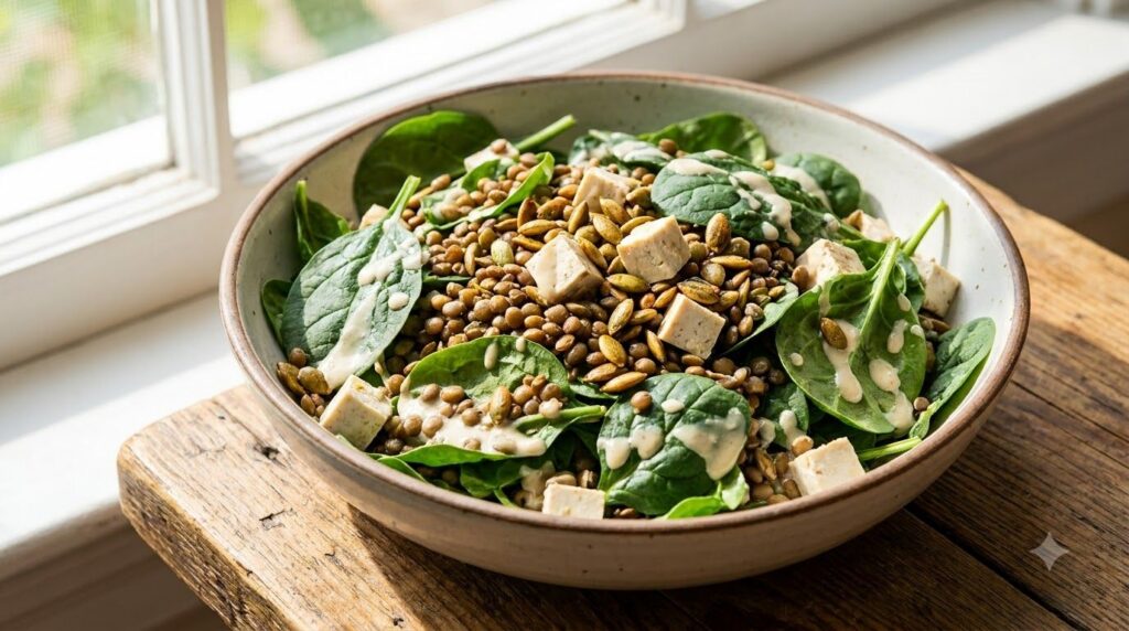 A vibrant salad featuring spinach cooked lentils roasted pumpkin seeds and tofu cubes dressed with a tahini-based dressi