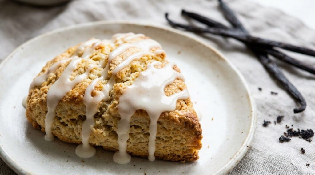 A white vanilla glaze drizzled over a golden-brown baked good with vanilla beans in the background