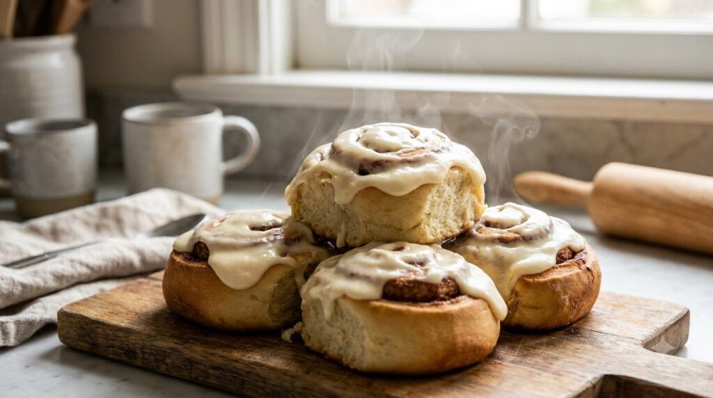 A thick creamy cream cheese glaze generously spread over warm cinnamon rolls