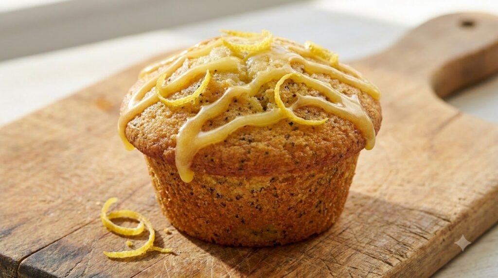 A vibrant yellow lemon glaze drizzled over a lemon poppy seed muffin garnished with lemon zest