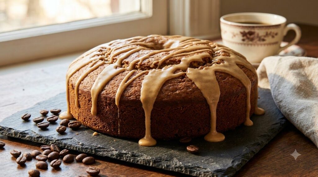 A light brown coffee glaze drizzled over a coffee cake with coffee beans scattered around
