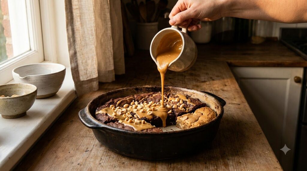 A smooth creamy peanut butter glaze poured over brownies or blondies with chopped peanuts on top
