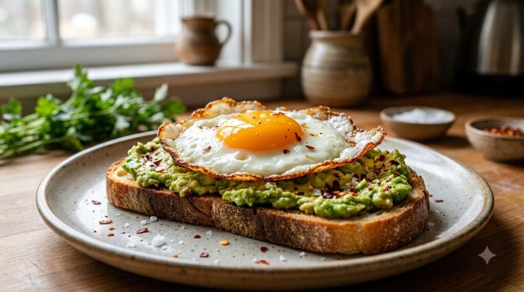 A close-up of a perfectly fried pasture-raised egg on a slice of avocado toast showing a vibrant orange yolk