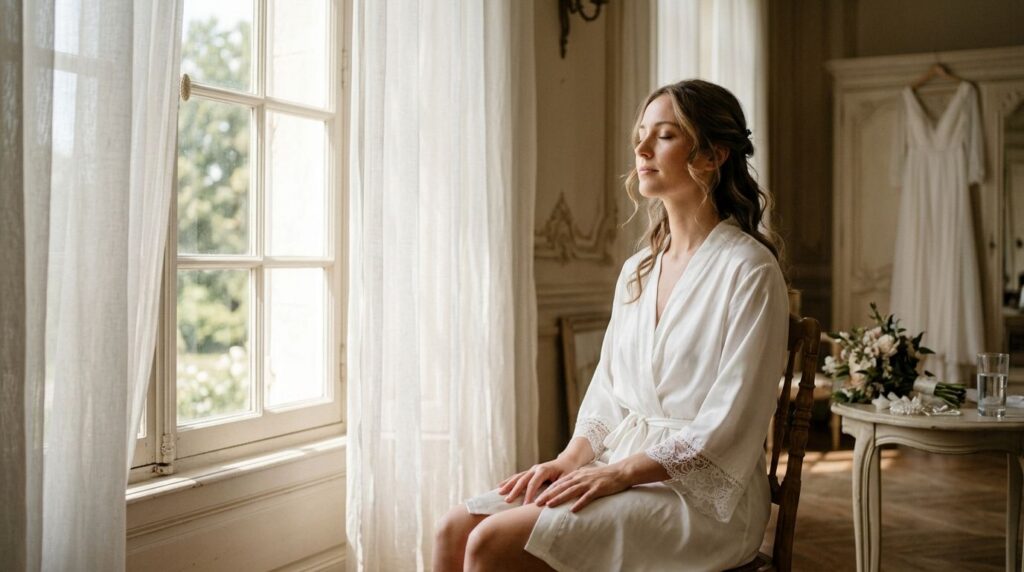 A calm bride meditating or taking a deep breath surrounded by a subtle glow symbolizing reduced stress