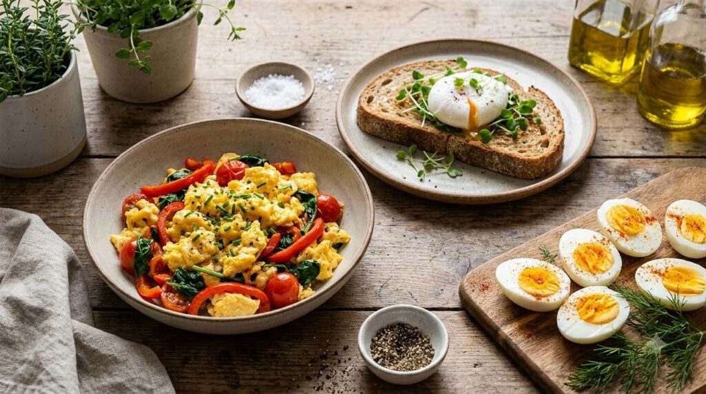 A variety of egg dishes including scrambled eggs with vegetables a poached egg on toast and hard-boiled eggs arranged on