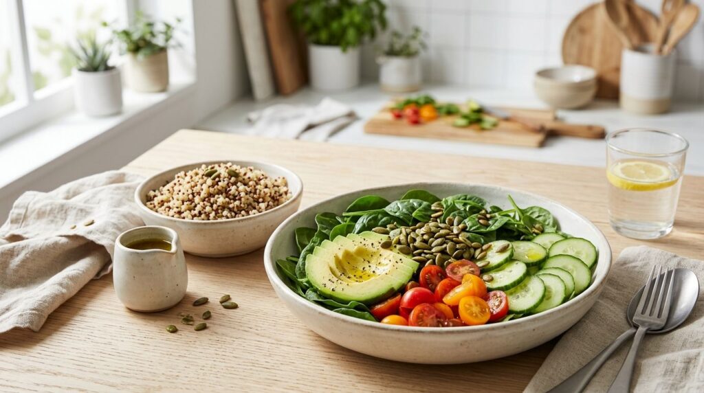 A delicious and healthy meal featuring several magnesium-rich foods like a colorful salad with spinach and avocado a sid