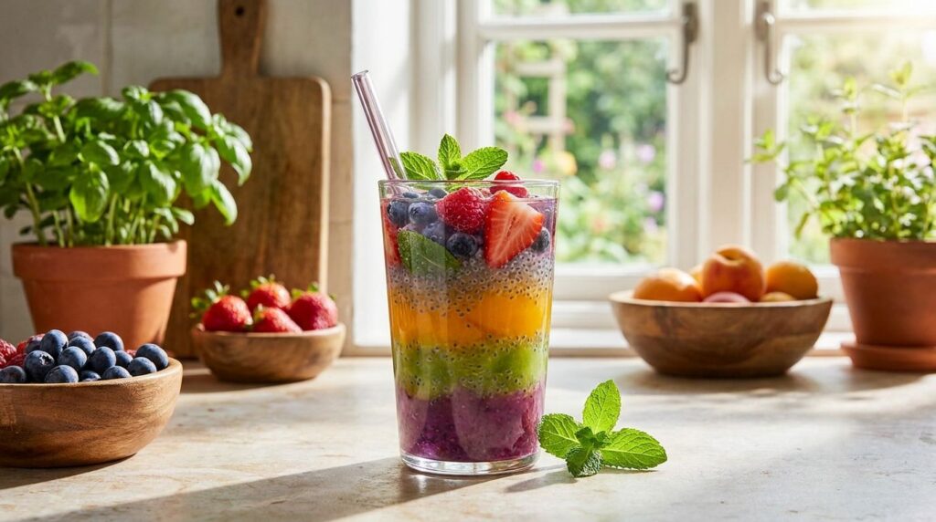 A glass of vibrant colorful basil seed sabja drink with fresh fruit garnishes