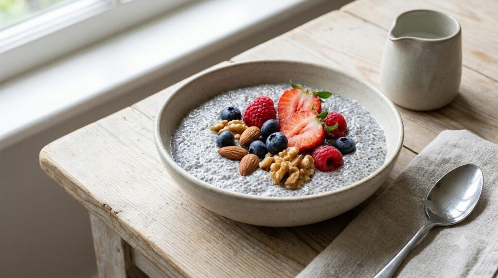 A bowl of creamy chia seed pudding topped with fresh berries and nuts