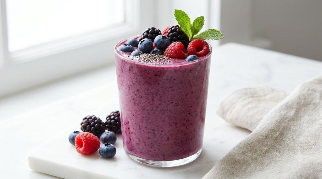 A vibrant purple Berry Antioxidant Blast smoothie in a clear glass garnished with fresh mixed berries and a sprinkle of 