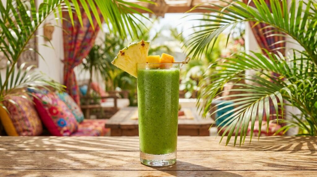 A vibrant green Tropical Green Machine smoothie in a tall glass garnished with a slice of pineapple and a small piece of