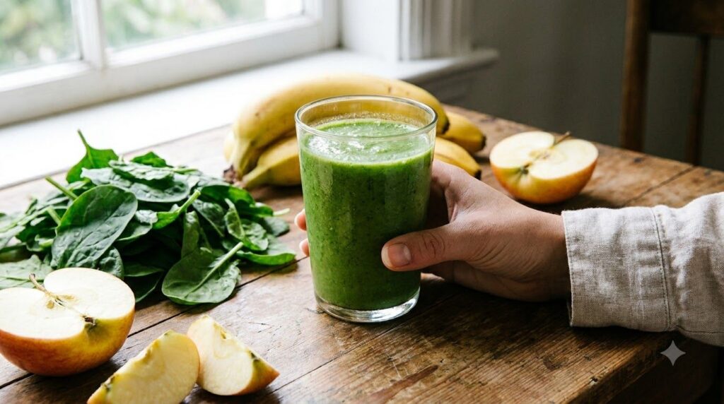 A person holding a glass of green smoothie with fresh ingredients like spinach banana and apple around it on a wooden ta