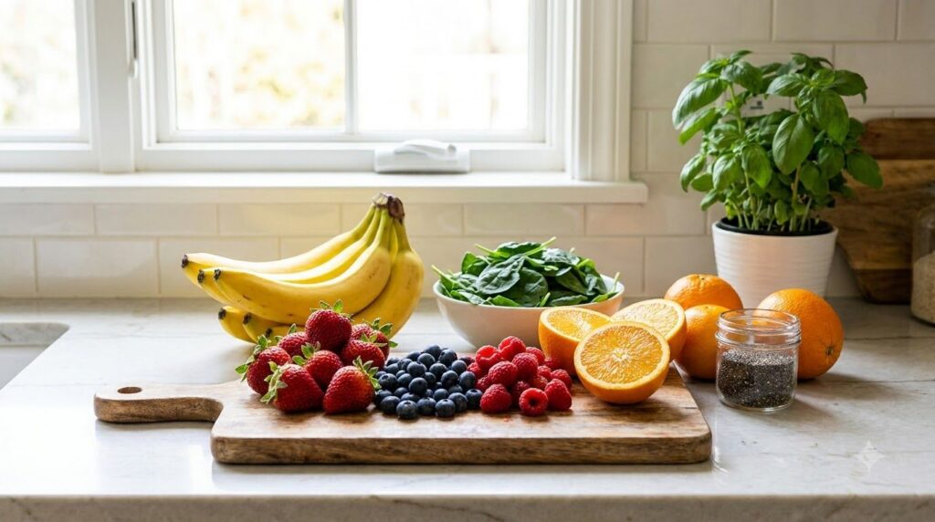 A variety of fresh fruits and vegetables commonly used in smoothies like berries bananas spinach and oranges neatly arra
