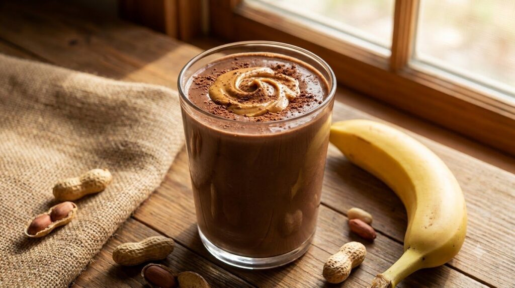A rich dark brown Chocolate Peanut Butter Protein smoothie in a clear glass with a swirl of peanut butter on top and a d