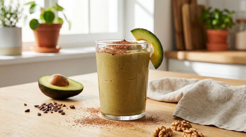 A thick creamy greenish-brown Brain Boosting Avocado Delight smoothie in a clear glass with a dusting of cocoa powder an