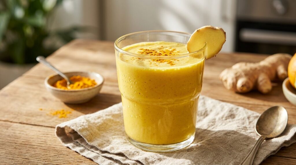 A bright golden-yellow Golden Glow Turmeric Smoothie in a clear glass garnished with a thin slice of fresh ginger and a 