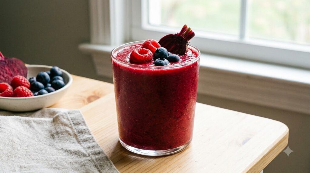 A striking deep red Gut Health Berry Beet Smoothie in a clear glass topped with a few fresh berries and a small piece of