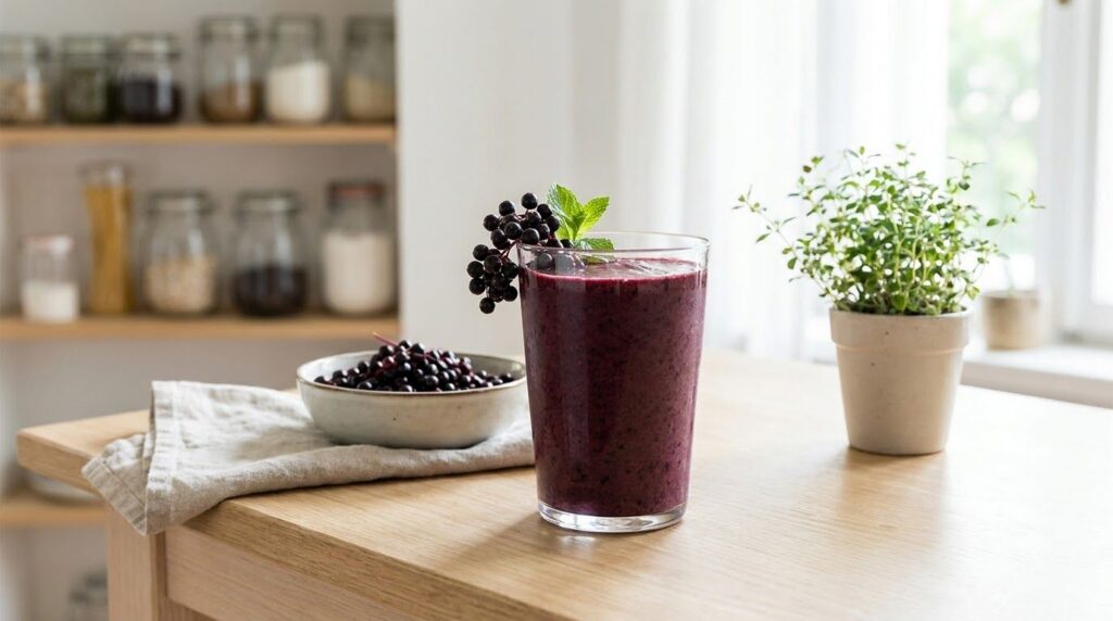 A dark purple Immune Boosting Elderberry Elixir smoothie in a clear glass garnished with a few elderberries and a small 