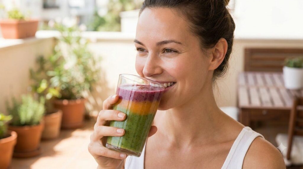 A person drinking a healthy beverage with a focus on a glowing clear complexion