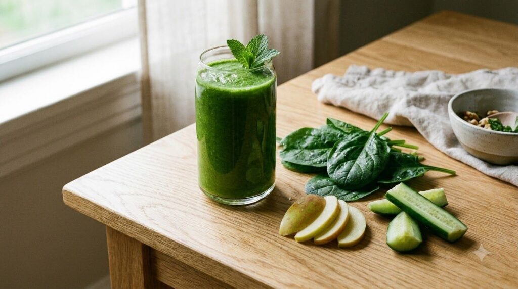 A glass of vibrant green juice with fresh spinach apple and cucumber next to it