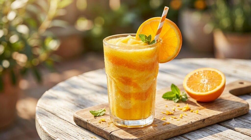 A bright orange and yellow Sunshine Citrus Zest smoothie in a clear glass garnished with a slice of orange and a small g