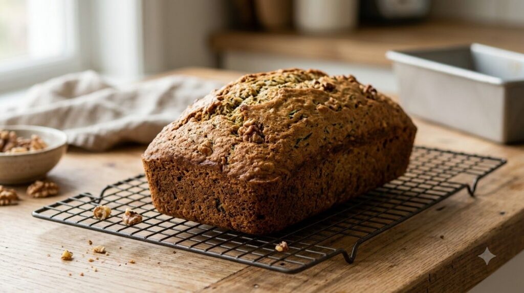 A whole loaf of classic sweet zucchini bread with walnuts golden brown and perfectly domed resting on a wire rack