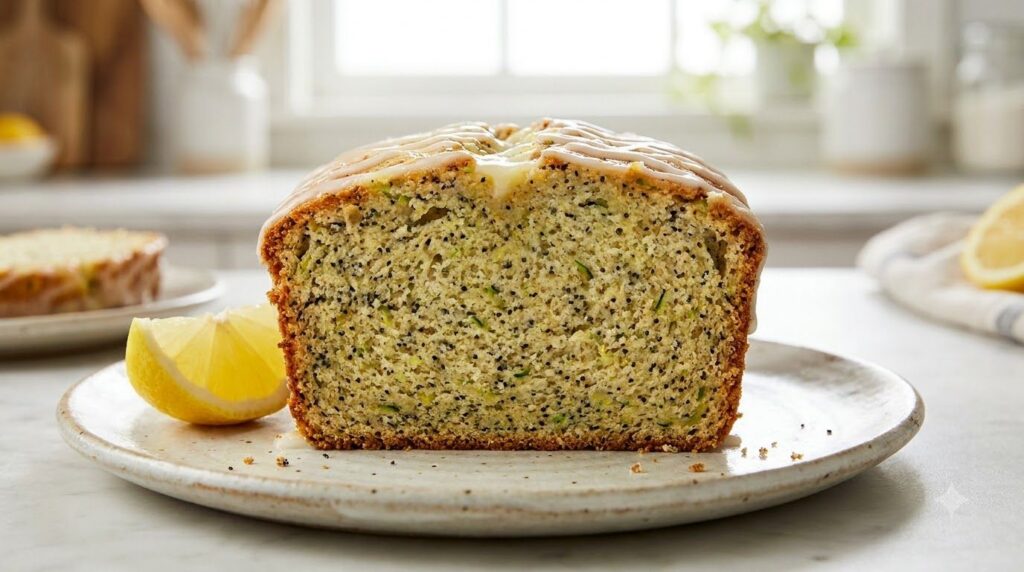 A bright and appealing slice of lemon poppy seed zucchini bread showing poppy seeds and a light lemon glaze drizzle with