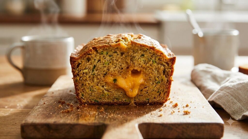 A warm slice of French zucchini bread freshly cut showing the melted sharp cheddar cheese core within the moist golden-b