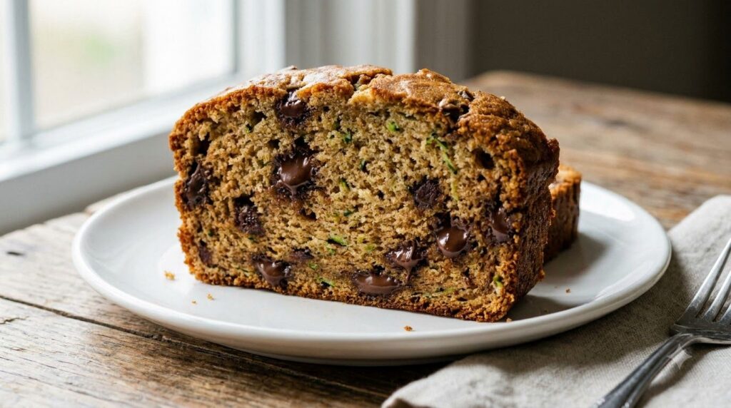 A generous slice of chocolate chip zucchini bread revealing melted chocolate chips and moist texture on a white plate