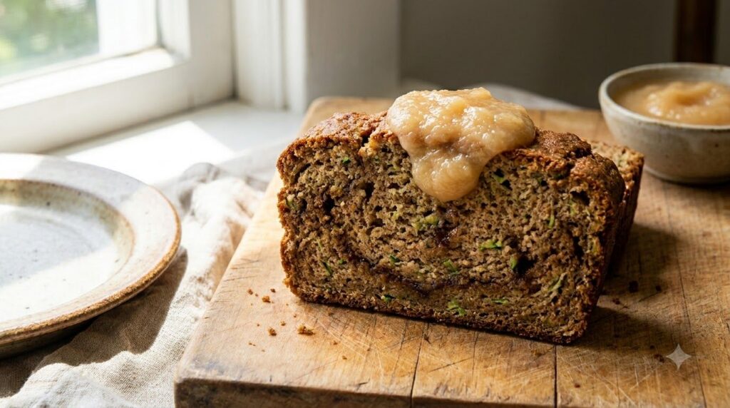 A healthy slice of whole wheat zucchini bread showing a dense moist texture and specks of zucchini and possibly cinnamon