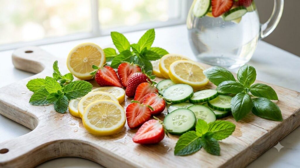 Various fruits vegetables and herbs ready for water infusion such as sliced lemons cucumbers strawberries mint and basil