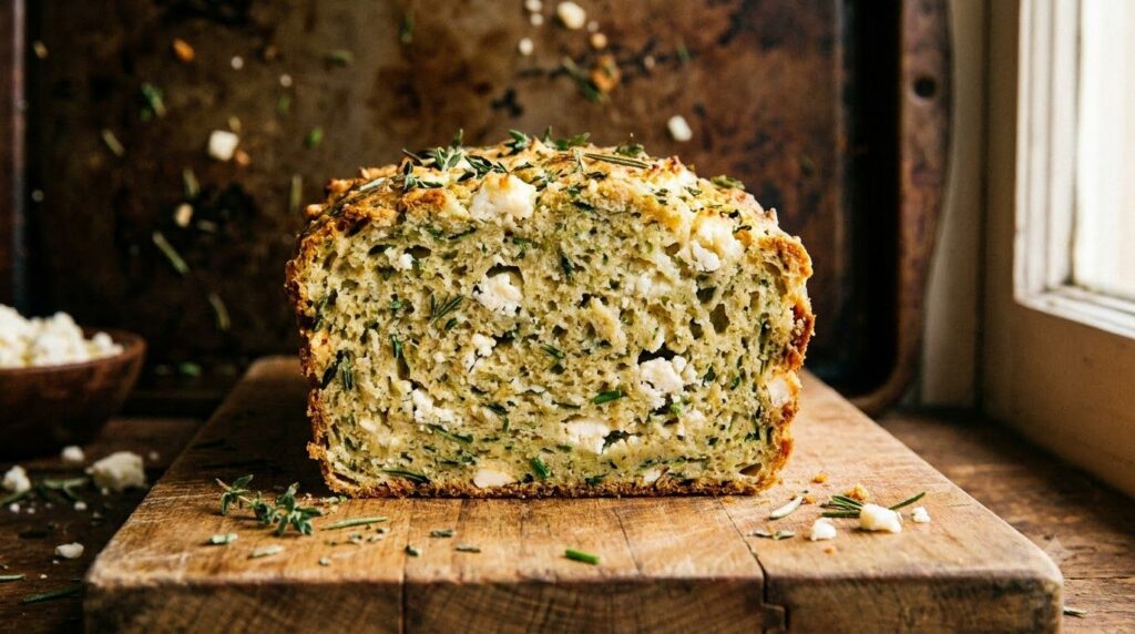 A rustic slice of savory herb zucchini bread showing flecks of green herbs and crumbled feta cheese on a dark background