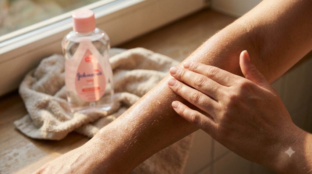 A close-up of hands gently massaging baby oil into damp skin on an arm showing glowing hydrated results