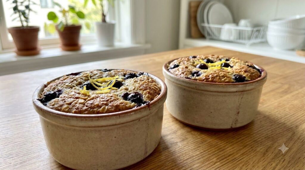 Two individual ramekins of baked oats topped with vibrant blueberries and lemon zest cooling on a wire rack