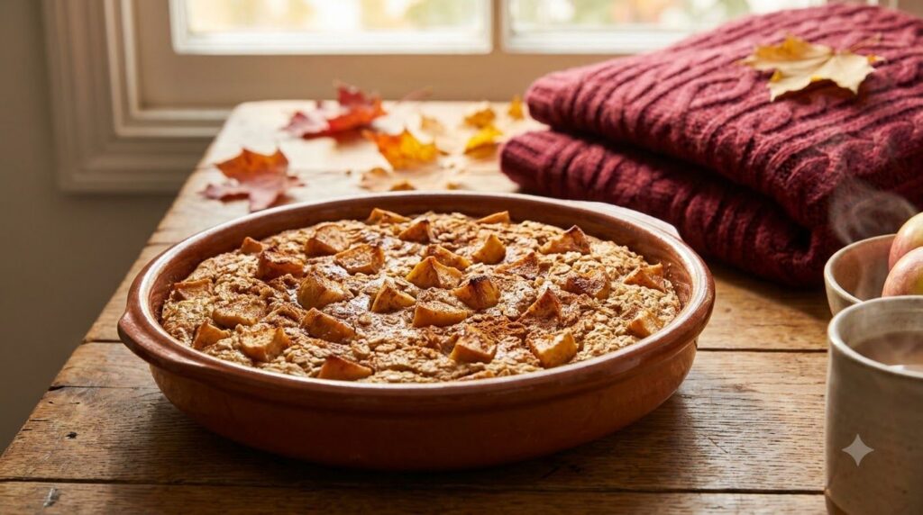 A warm dish of apple cinnamon oat bake with visible chunks of apple and a sprinkle of cinnamon served with a spoon A coz