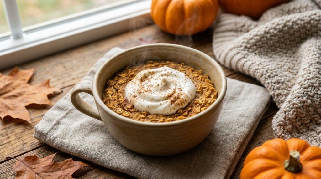 A single serving of pumpkin spice baked oats in a small bowl or ramekin garnished with a swirl of whipped cream and a sp