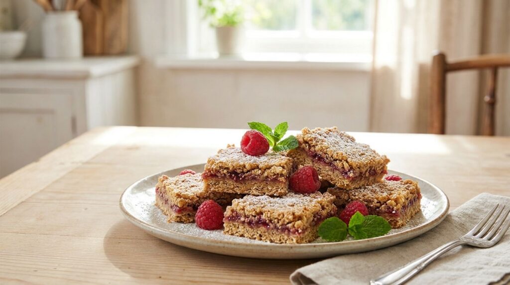 A plate with a few golden-brown raspberry coconut oat squares showing the layers of oats and bright red raspberries